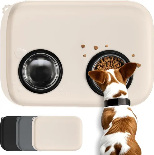Vista 14 de Tapete de silicona para comida para perros con bolsillo lateral y agujero de gancho, bordes elevados suaves, fácil de limpiar, impermeable, Gris