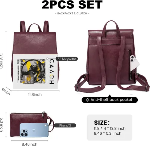Vista 2 de LOVEVOOK Mochila de moda para mujer, mochila de cuero vegano antirrobo, mochilas con bolso pequeño, juego de 2 piezas, Púrpura-Rojo