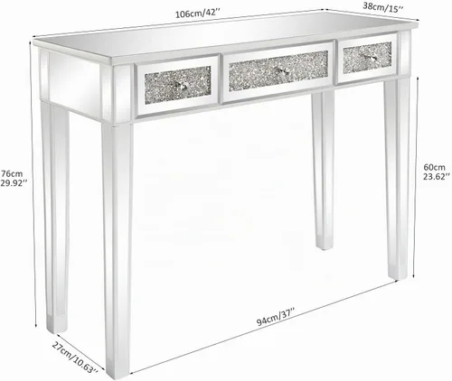 Vista 2 de Mesa de tocador plateada con 3 cajones, acabado de cajón de diamante brillante, mesa auxiliar de espejo para pasillo, sala de estar, tocador