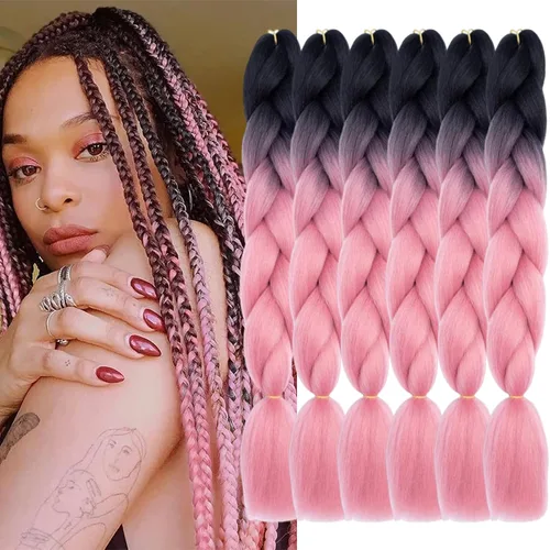 Vista 26 de 3 paquetes de extensiones de cabello sintético para trenzar de color negro a azul, tamaño jumbo ombré, de 24 pulgadas o trenzas de ganchillo