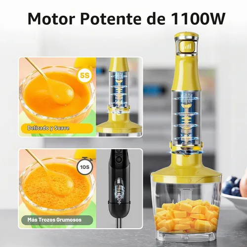 Vista 2 de Batidora de inmersión de mano con cable turelar de 1100W, batidora de mano con disparador de velocidad variable 5 en 1 con picadora, batidor
