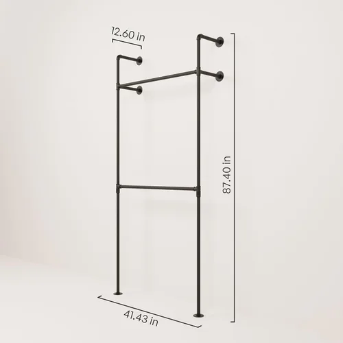 Vista 2 de pamo Perchero Industrial de Tubería para Ropa – Sistema de Armario Negro Montado en la Pared en Acero con Recubrimiento en Polvo – 41.4 pulgadas