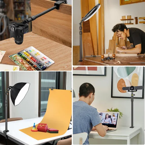 Vista 2 de Soporte para cámara web de montaje de escritorio para cámara web con cabezal de bola de 360°, soporte de luz de mesa ajustable de 14 a 33 pulgadas