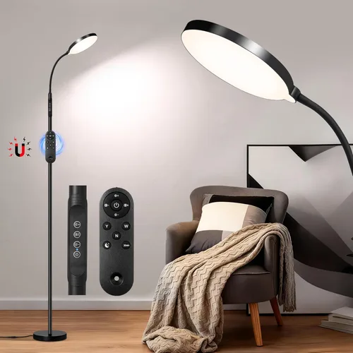 Vista 8 de Lámpara de pie LED, lámparas de pie brillantes de 18W para sala de estar, 3 modos de color 10 niveles de brillo, cuello de cisne flexible ajustable
