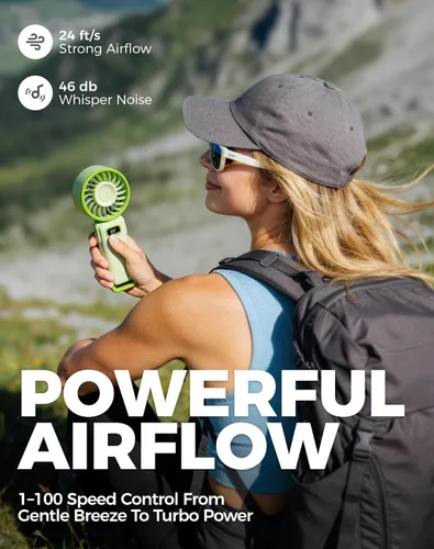 Vista 3 de Diveblues Ventilador turbo portátil, ventilador de mano de 100 velocidades con fuerte flujo de aire, ventilador personal plegable 4 en 1