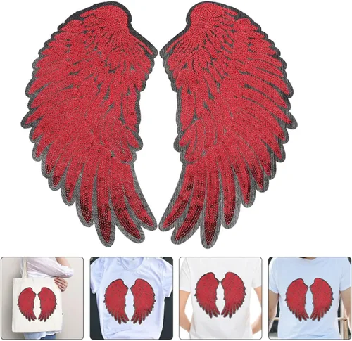 Vista 6 de Angel Wing Sequin Embroidered Iron-on Applique Patch, Medium Red 2pcs, DIY Clothes Accessory for Jackets and Garment Sewing, Large Decorative Wings