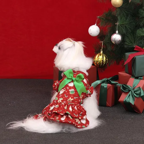 Vista 7 de CuteBone Vestido de Navidad para perro, falda de doble capa, traje de gato, ropa para perros pequeños, disfraz de cumpleaños, DR29L