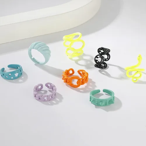 Vista 6 de SISMIURRA anillos gruesos y coloridos para mujeres, juego de 8anillos apilables de estilo Y2K, anillos transparentes, retro y abiertos, joyas