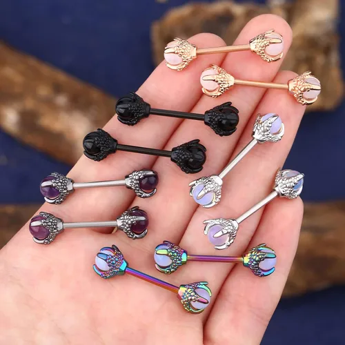 Vista 5 de OUFER Anillos de pezón de garra de dragón de 14G con piedra natural Piercing de acero inoxidable 316L para mujer