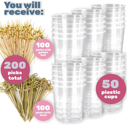 Vista 4 de Paquete de 50 tazas de plástico transparente de 5.7 onzas, 200 selecciones de cóctel (2 tipos), vasos desechables de postre, estilo: redondo