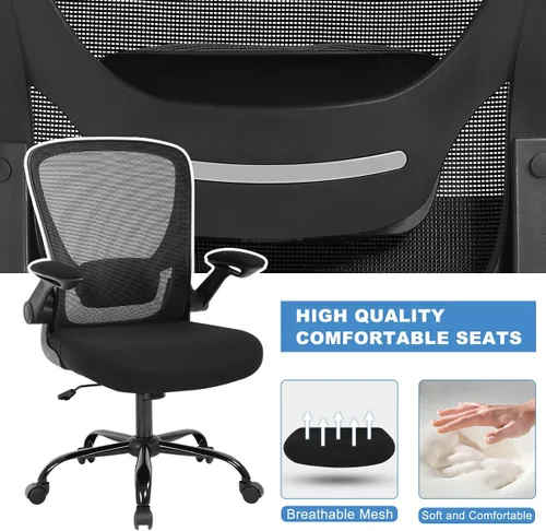 Vista 4 de Silla de oficina en casa, silla de escritorio ergonómica con soporte lumbar ajustable y reposabrazos abatibles, silla de computadora de malla