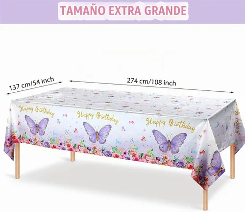 Vista 2 de Tegeme Mantel rectangular con diseño de mariposas y feliz cumpleaños, decoración de fiesta de mariposa, mantel de plástico con temática de primavera