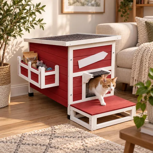 Vista 6 de Hicaptain Casa para gatos al aire libre, refugio aislado para gatos con puerta de escape, exterior resistente a la intemperie, casa pequeña