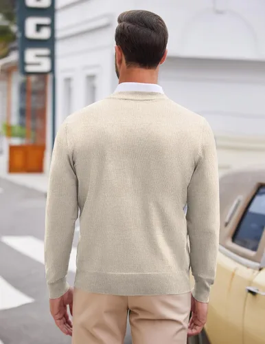 Vista 4 de COOFANDY Suéter de vestir con cuello en V para hombre, manga larga, ajustado, suéter de moda