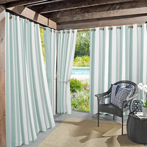 Vista 21 de Par de paneles de cortina con ojales Sun Zero Valencia estilo cabaña a rayas para interior/exterior con protección UV y eficiencia energética