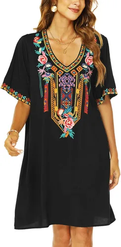 Vista 5 de AK Vestido campesino mexicano bohemio de verano para mujer, manga corta, floral, bordado, suelto, hippie, túnica bohemia