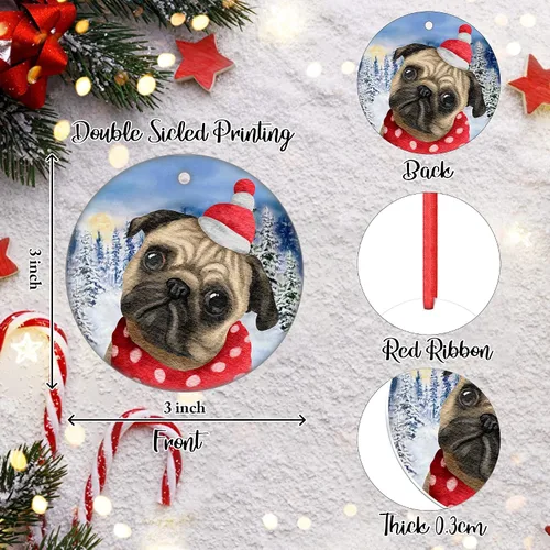 Vista 2 de Adorno de Navidad para perro carlino, árbol de porcelana, regalo de Papá Noel 2023 para la primera bienvenida al hogar del perro para decoraciones