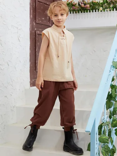 Vista 5 de CharmWM Camisetas sin mangas de pirata renacentista para niños, disfraz vikingo, medieval, con cordones, escocés, Halloween, cosplay, camisetas sin