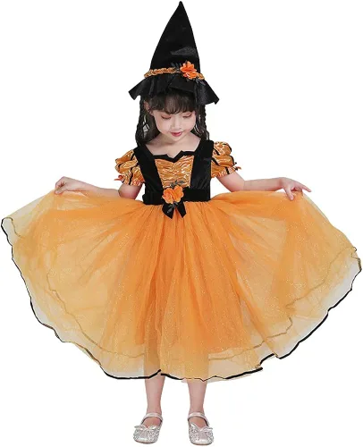 Vista 4 de Seasons Disfraz de bruja de cuento de hadas naranja para niños