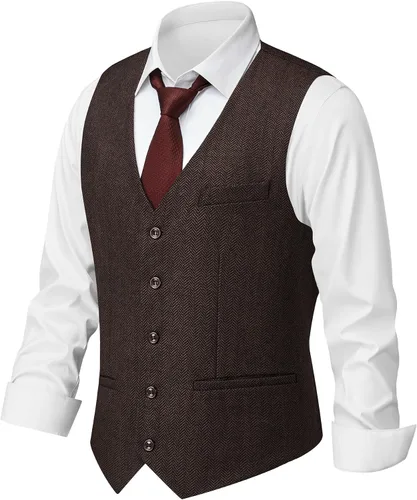 Vista 7 de MAGE MALE Chaleco de traje de tweed en espiga para hombre, chaleco vintage Marrón