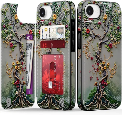 Vista 128 de FUNMIKO Funda tipo cartera para iPhone 15 con tarjetero + clip para efectivo, bloqueo RFID, protección contra caídas de grado militar y obras