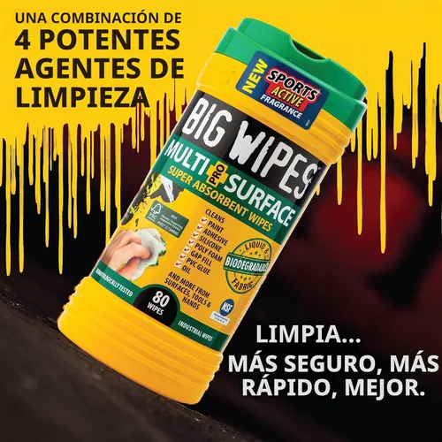 Vista 3 de BIG WIPES Recipiente multisuperficie resistente, paños de limpieza súper absorbentes para manos, superficies y herramientas, recipiente de 80