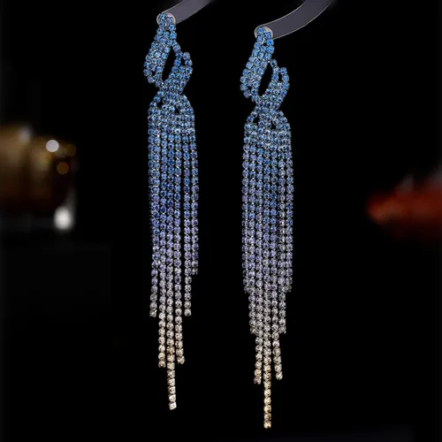 Vista 5 de Supra Diamanto Aretes largos de borla para mujeres y niñas, aretes largos de borla bohemia, aretes colgantes de diamantes de imitación, joyería