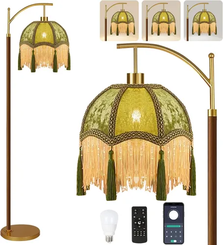 Vista 9 de Lámpara de pie de arco para sala de estar con control remoto, lámparas de pie bohemias de granja con 3 temperaturas de color, lámpara de pie rústica