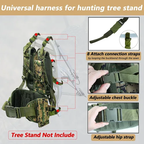 Vista 3 de Arnés de soporte para árboles, arnés ergonómico de seguridad de cazador de camuflaje, correas de transporte para mochila de soporte de árbol