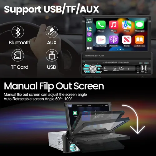 Vista 6 de Radio de coche de un solo DIN con Bluetooth, Carplay inalámbrico y Android Auto, pantalla abatible de 7 pulgadas, soporte estéreo retráctil
