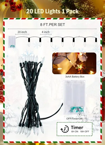 Vista 4 de Brightown Guirnalda de luces de Navidad a pilas, 20 luces LED de 8 pies con temporizador, luces de árbol de Navidad para interiores y exteriores