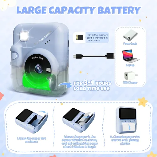 Vista 7 de Cámara para niños, impresión instantánea, pantalla de 3.0 pulgadas, cámara instantánea de foto de 48 MP para niños con tarjeta de 32 GB, juguete
