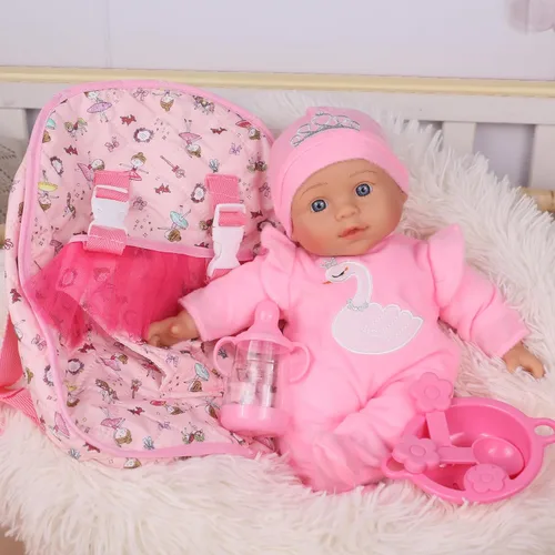 Vista 2 de Muñeca de bebé suave de 13 pulgadas con mochila de muñeca rosa para llevar, juego de 6 piezas con botella y accesorios (rosa)