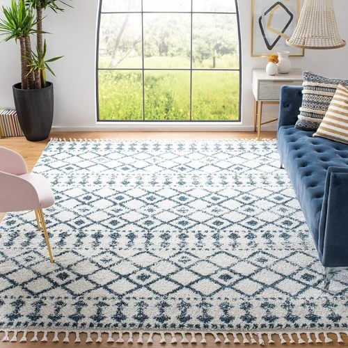 Vista 9 de SAFAVIEH Berber Fringe Shag Collection - Alfombra decorativa de 2 pies 2 pulgadas x 4 pies, color crema y azul, diseño, no desprende pelusa