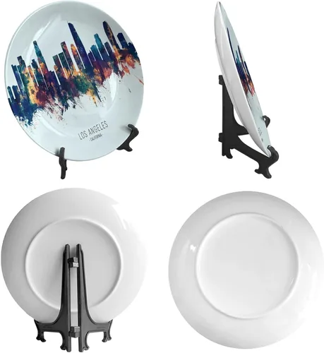 Vista 2 de Platos decorativos de horizonte de Los Ángeles, plato decorativo de paisaje urbano con soporte, adorno de cerámica para decoración de cocina, 6
