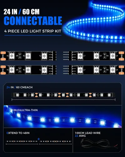 Vista 5 de Keiurot Tira de luces LED para automóvil, 24 pulgadas, conectable, azul, para coches, barcos, carros de golf, camiones, impermeables, 12 V, paquete