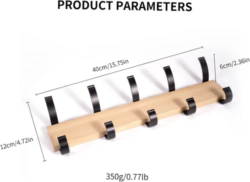 Vista 5 de Perchero de madera maciza para colgar en la pared, colgador de entrada, perchero de madera de metal con 5 ganchos de aluminio negro para bufanda