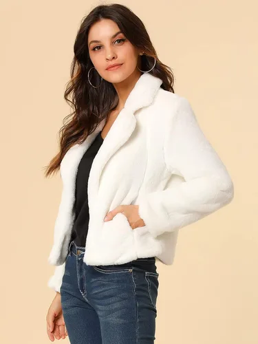 Vista 4 de Allegra K Chaqueta corta de piel sintética para mujer, cárdigan con solapa, abrigo de piel sintética esponjosa para invierno 2023
