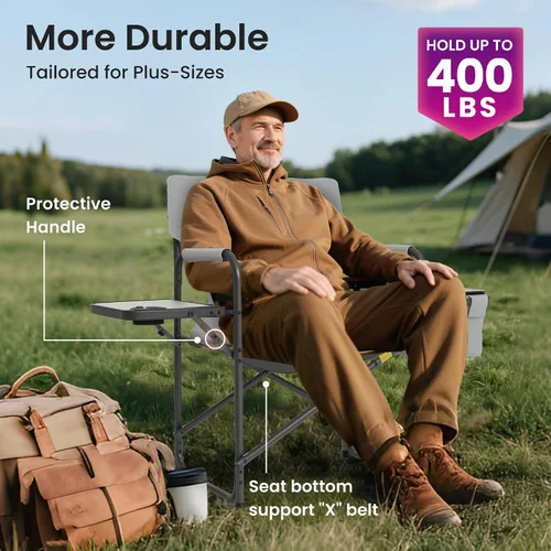 Vista 5 de Director - Silla de campamento – 400 libras resistente con bolsa enfriadora y bandeja lateral plegable, silla de césped portátil al aire libre