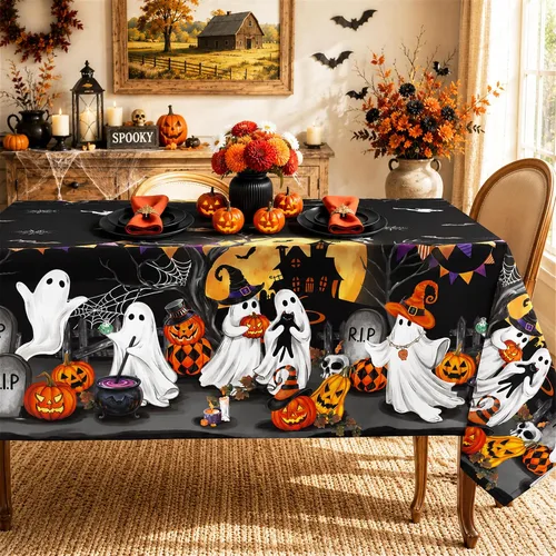 Vista 7 de Mantel rectangular de Halloween, color negro, 60 x 84 pulgadas Halloween 01