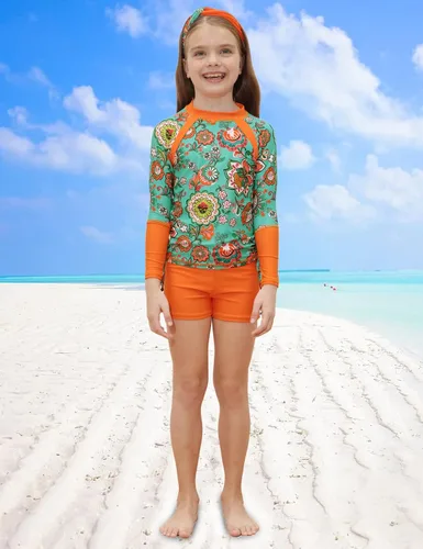 Vista 4 de GRACE KARIN Traje de baño para niñas, de manga larga, conjunto de 2 piezas, 6-12 años, Limón