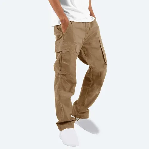 Vista 3 de Pantalones cargo para hombre 2024, ajuste relajado, ropa casual de trabajo, urbano, color caqui, pantalones deportivos holgados con bolsillos