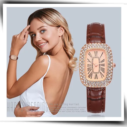 Vista 3 de Avaner Reloj rectangular para mujer, reloj analógico de cuarzo con diamantes de imitación, reloj cuadrado con correa de cuero, Marrón, Moderno