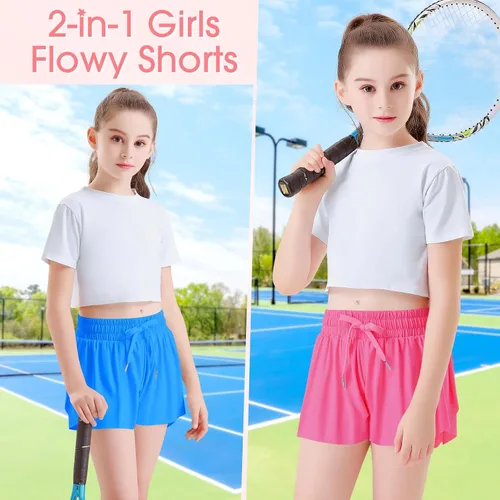 Vista 2 de QooNoo Girls Butterfly Shorts with Pocket Flowy Athletic Shorts High Waist Preppy Running Shorts for Kids Teen