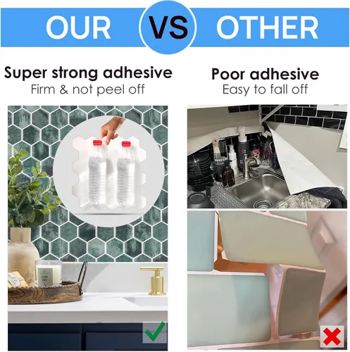 Vista 5 de 10 hojas de azulejos hexagonales autoadhesivos para salpicadero de cocina, nuevo diseño premium extra grueso 3D, azulejos de pared autoadhesivos