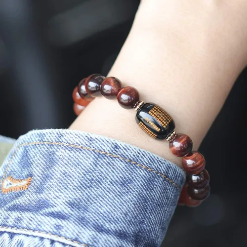 Vista 4 de Jewever Pulsera de triple protección Feng Shui, brazalete curativo, ojo de tigre, obsidiana, cuentas de ágata sutra de 0.394 in, amuleto de piedra