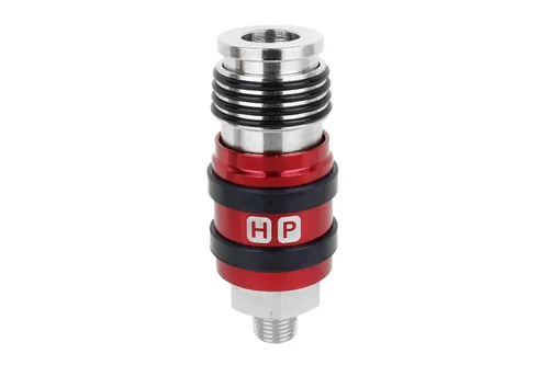 Vista 2 de Milton Acoplador universal de escape de seguridad 2 en Uno: 1/4" MNPT x 3/8" flujo corporal, rojo