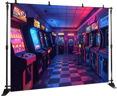 Vista 4 de Telón de fondo retro para fotografía, videojuego retro para niños, sala de juegos, fondo de los años 80 y 90, decoración de fiesta de cumpleaños