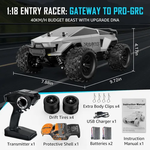 Vista 6 de Kolegend 2-en-1 RC Cyber Monster Truck y coche de derrape para adultos, escala 1/18, 4WD, 40KM/H, todo terreno, coche RC rápido con radio de 2.4Ghz