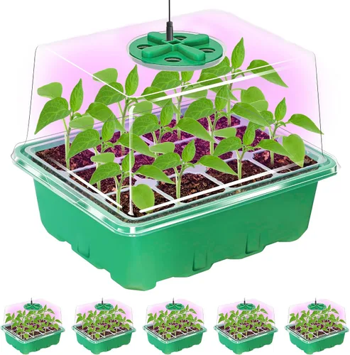Vista 9 de Bonviee Paquete de 2 bandejas de inicio de semillas con luz para plantas, kits de bandejas de inicio de plántulas elevadas con cúpulas de humedad